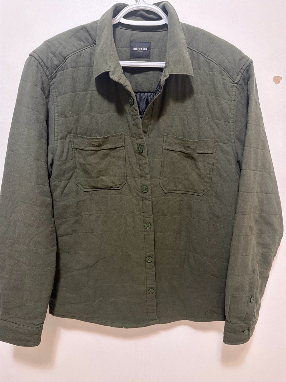 ONLY & SONS Olive Green Quilted Button-Down Shirt